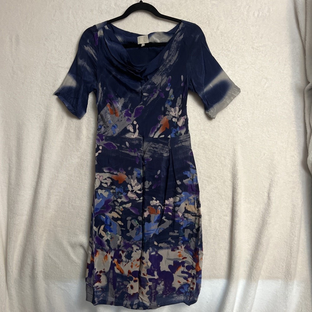 Anthropologie Coquille Women's 100% Silk Blue Japonica Watercolor Dress Size 4